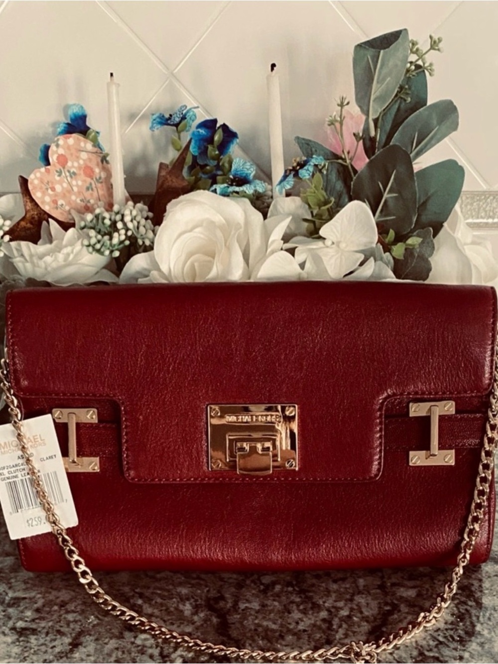 NWT Michael Kors Astrid Claret wine, genuine Leather, XL clutch/Gold Chain strap